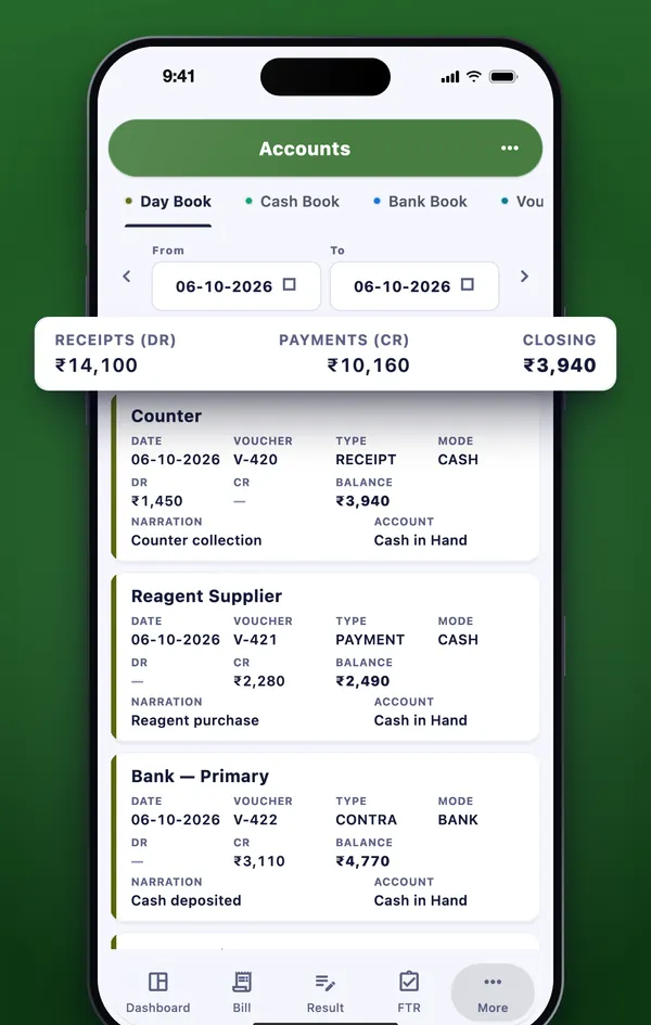 The Day Book in the SamLab mobile app: receipts, payments and closing balance, voucher by voucher