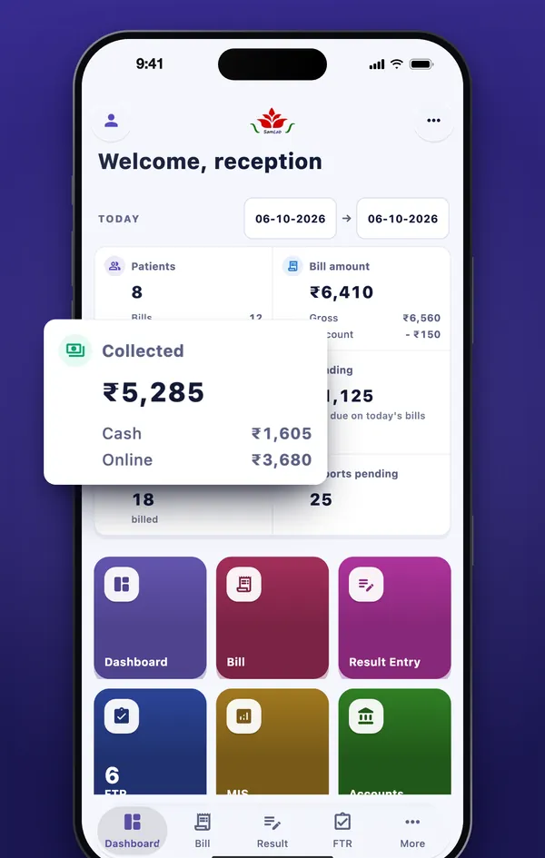 The SamLab mobile app’s dashboard on an iPhone: today’s patients, bill amount, money collected in cash and online, and reports pending