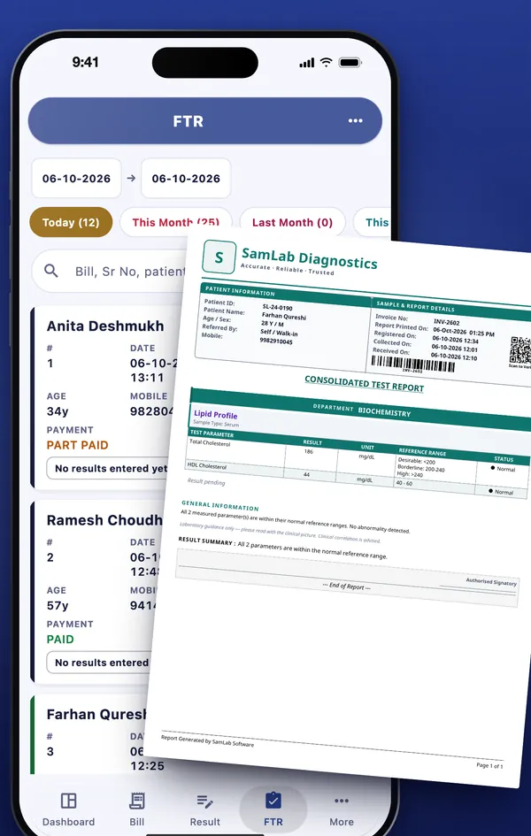 Lab reports in the SamLab mobile app, with a patient’s report PDF laid out as the desktop prints it