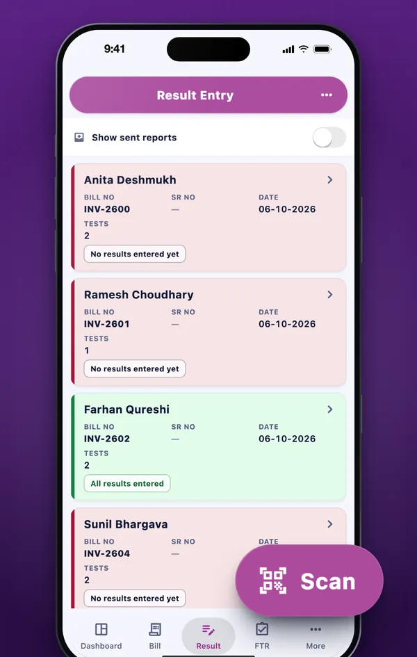 Result Entry in the SamLab mobile app: today’s bills with whose results are still to enter, and a Scan button for a sample tube’s barcode