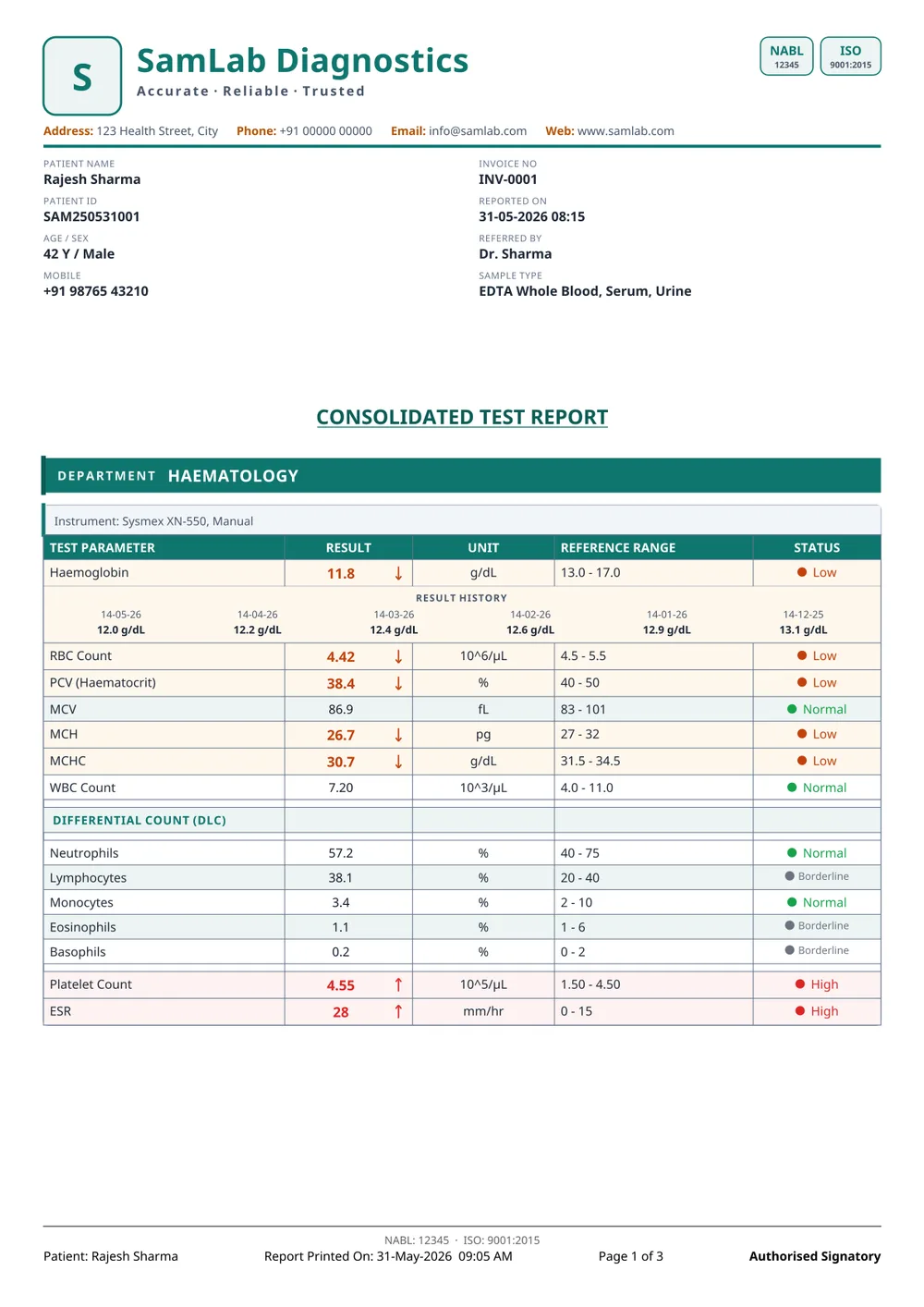 User Defined report format — page 1