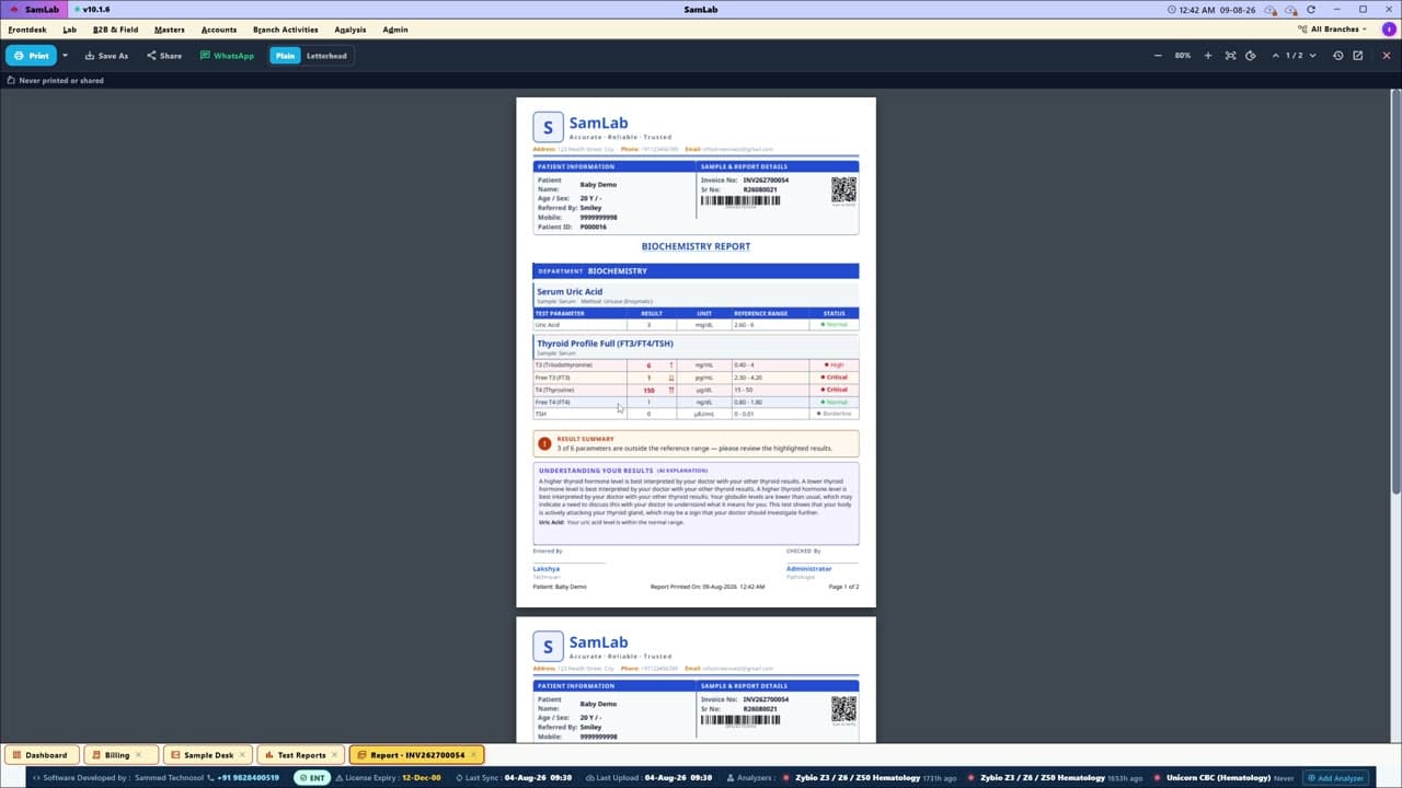 SamLab pathology lab software showing a finished biochemistry report — barcode, High and Critical result flags, and the AI explanation block